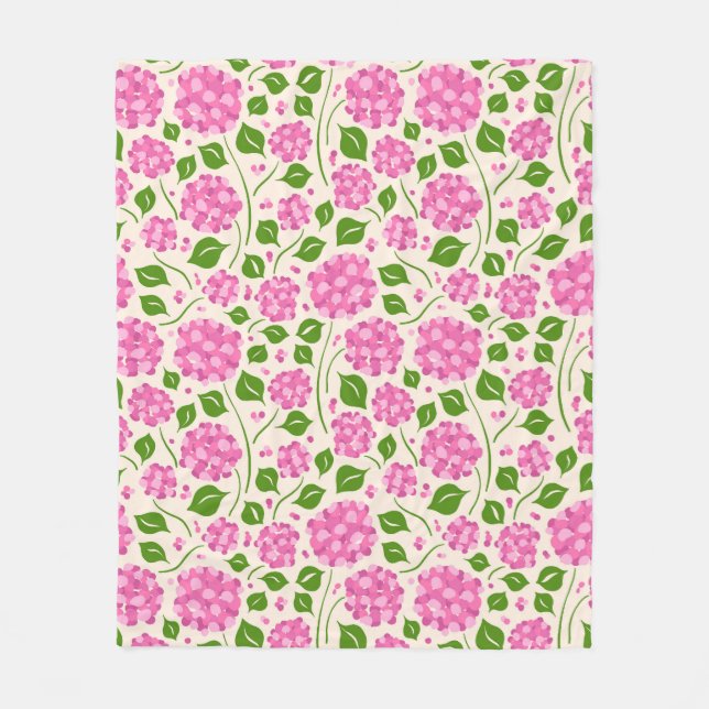 Pattern with pink hydrangeas and green leaves fleece blanket (Front)