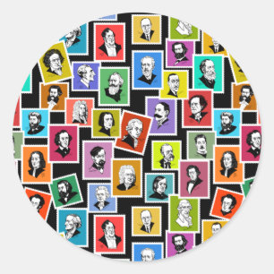 Pattern with portraits of the greatest composers classic round sticker