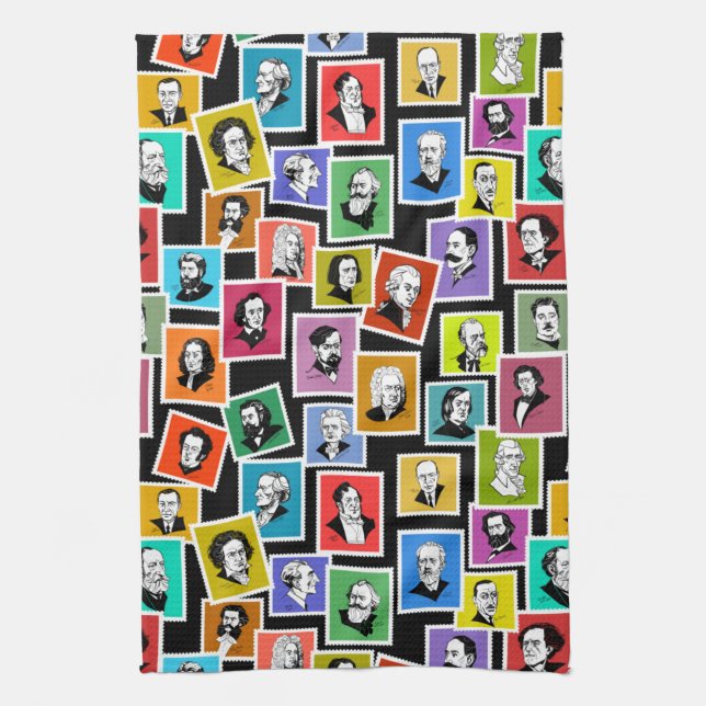 Pattern with portraits of the greatest composers kitchen towel (Vertical)
