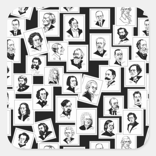 Pattern with portraits of the greatest composers square sticker (Front)