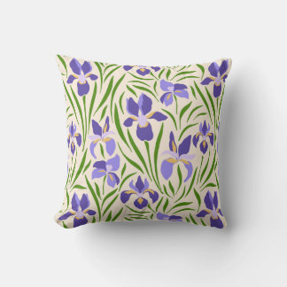 Pattern with purple irises and green leaves throw pillow