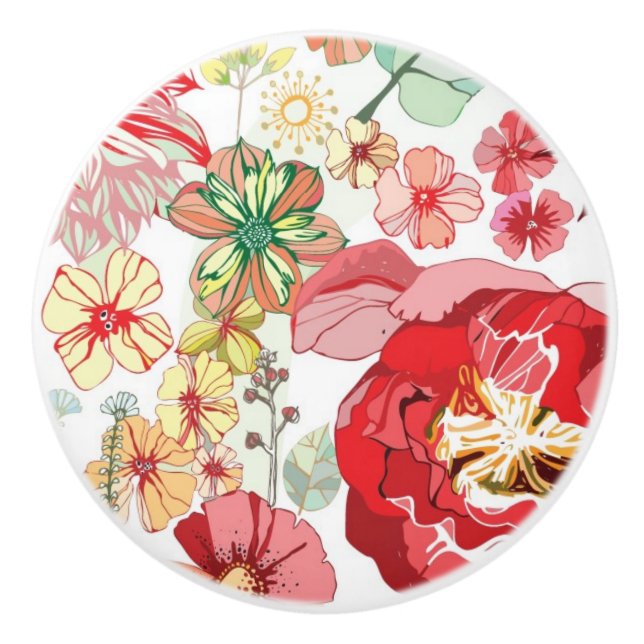 Pattern with red flowers ceramic knob (Front)