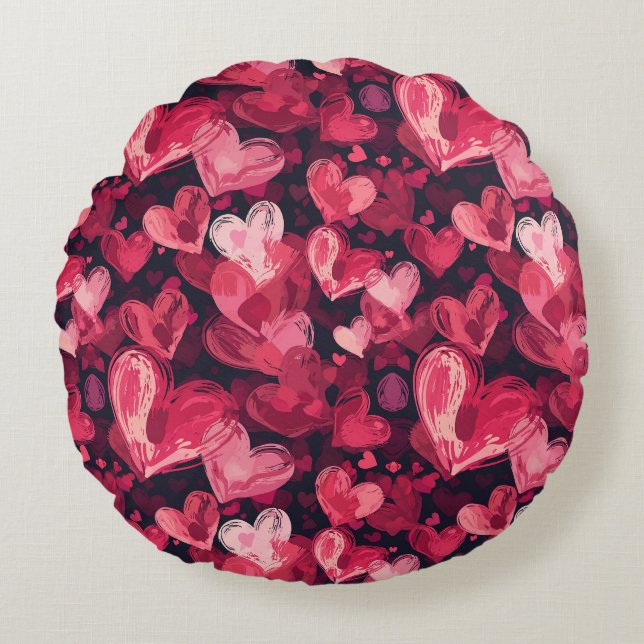 pattern with red hearts for Valentines Day  Round Pillow (Front)
