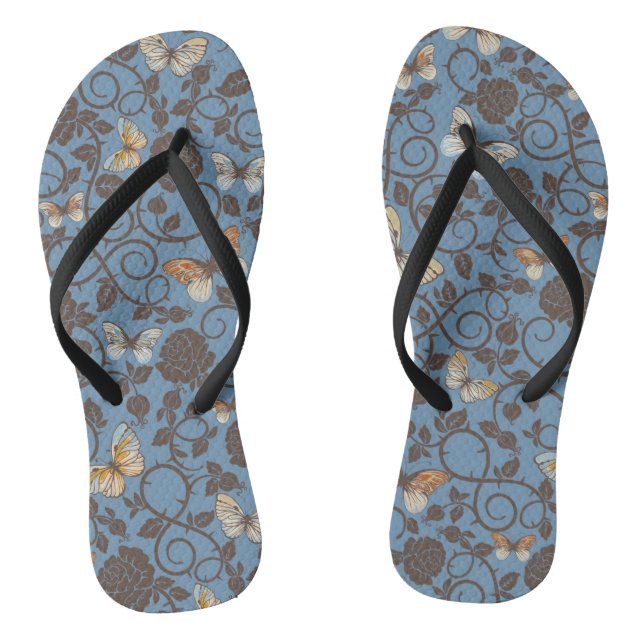 pattern with roses and butterfly flip flops (Footbed)
