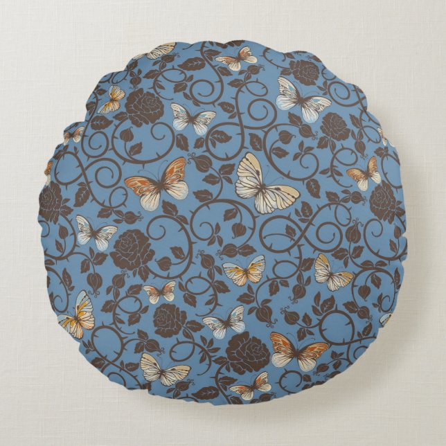 pattern with roses and butterfly round pillow (Front)