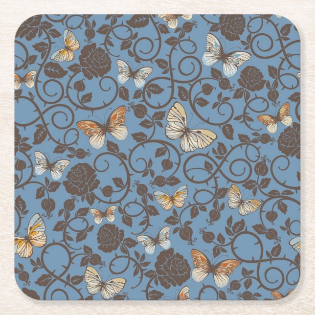 pattern with roses and butterfly square paper coaster (Front)