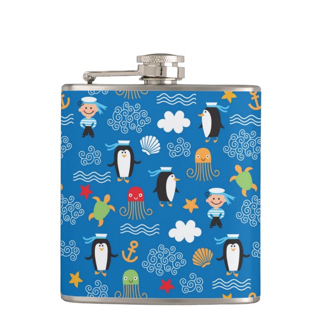 pattern with sea theme hip flask (Front)