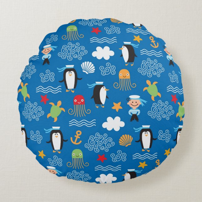 pattern with sea theme round pillow (Front)