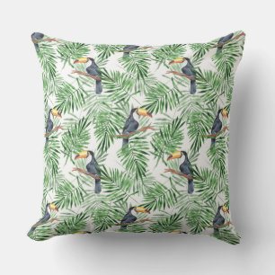 Pattern with toucan and green palm leaves throw pillow