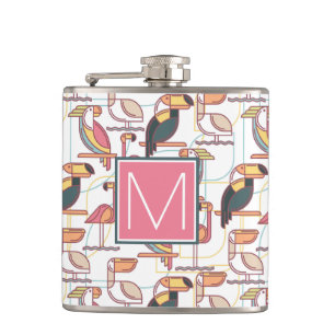 Pattern With Tropical Birds Add Your Initial Hip Flask