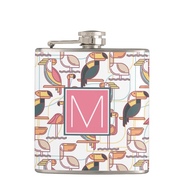 Pattern With Tropical Birds | Add Your Initial Hip Flask (Front)
