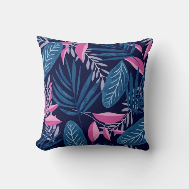 Pattern With Tropical Flora Blue And Pink Throw Pillow (Front)