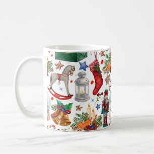 Pattern with Vintage Christmas ornaments, toy and  Coffee Mug