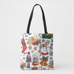 Pattern with Vintage Christmas ornaments, toy and Tote Bag