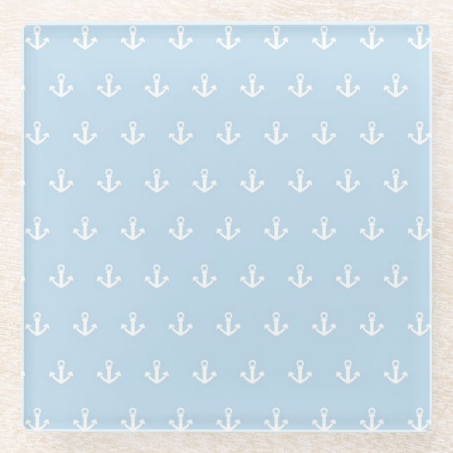 Pattern with white anchors on blue glass coaster (Front)