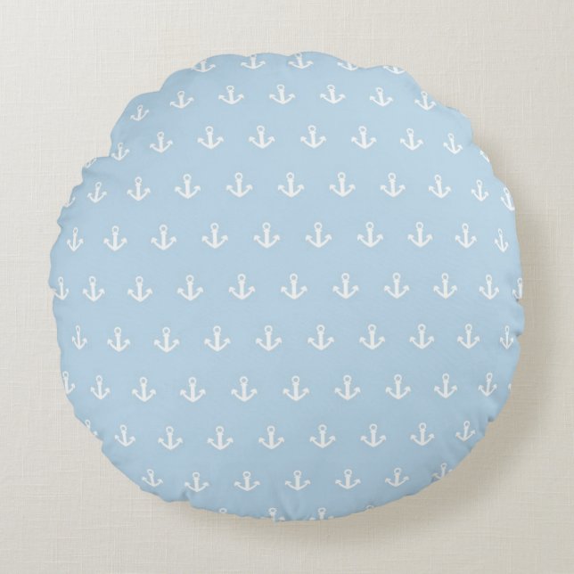 Pattern with white anchors on blue round pillow (Front)