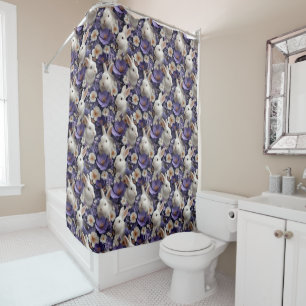 Pattern with White Rabbits and Purple Flowers