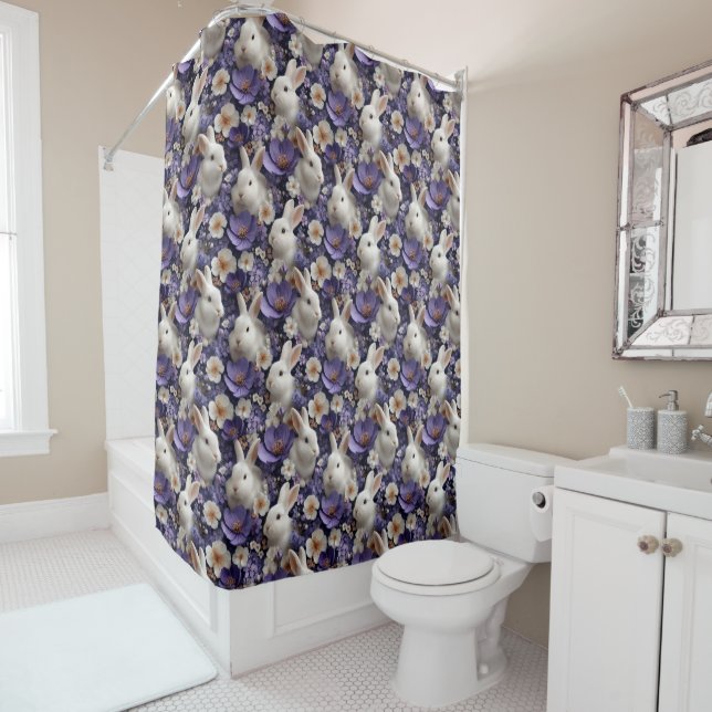 Pattern with White Rabbits and Purple Flowers (In Situ)