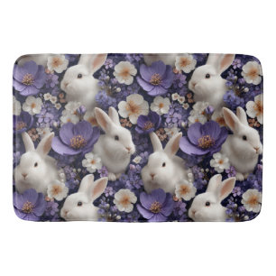 Pattern with White Rabbits and Purple Flowers Bath Mat