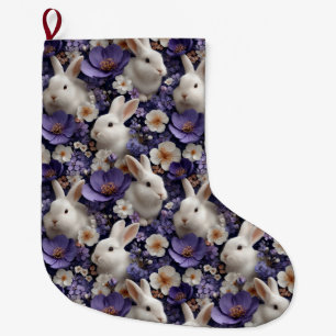 Pattern with White Rabbits and Purple Flowers Large Christmas Stocking