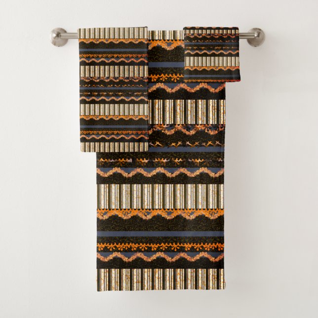Patterned Brown, Blue, Orange  Bath Towel Set (Insitu)