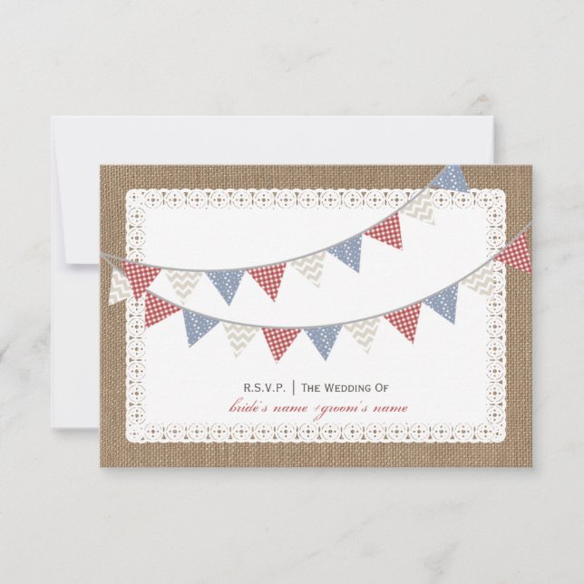 Patterned Bunting Burlap & Lace Inspired RSVP (Front)