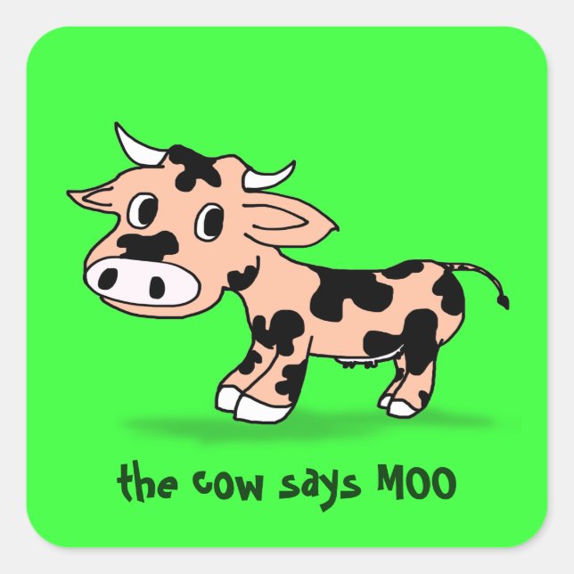 Patterned Cartoon Cow on Green with Moo Square Sticker (Front)