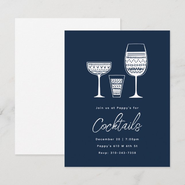 Patterned Cocktails Navy Blue Cocktail Party Invitation (Front/Back)
