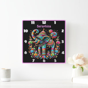 Patterned colourful elephant celebration square wall clock