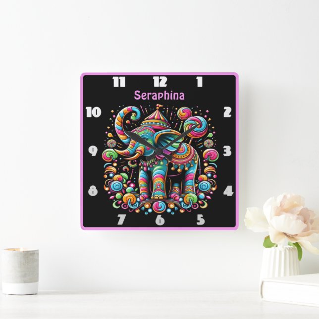 Patterned colourful elephant celebration square wall clock (Home)