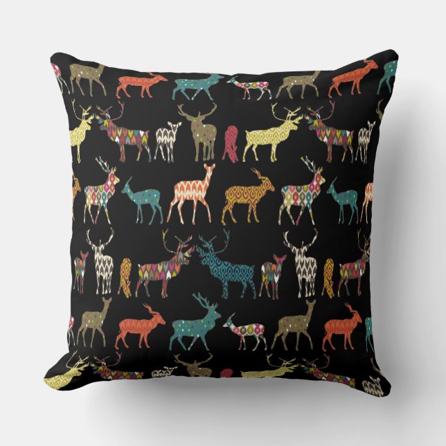 patterned deer black throw pillow (Front)