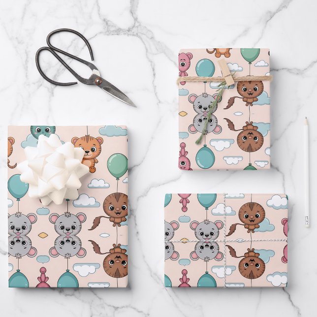 Patterned design featuring colorful cartoon animal wrapping paper sheet (Creator Uploaded)