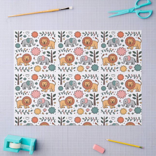Patterned design with playful lions, elephants tissue paper (Creator Uploaded)