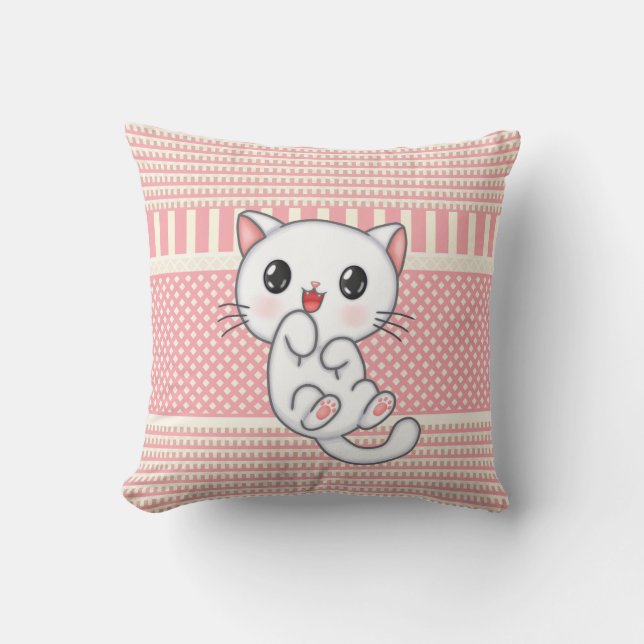 Patterned Dusty Pink with Cute Kitten Character Th Throw Pillow (Front)