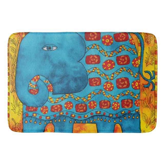 Patterned Elephant Watercolour Illustration Bath Mat (Front)