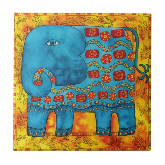 Patterned Elephant Watercolour Illustration Tile (Front)
