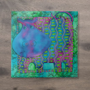 Patterned Hippo Watercolour Illustration Tile
