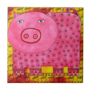 Patterned Pig Watercolour Illustration Tile
