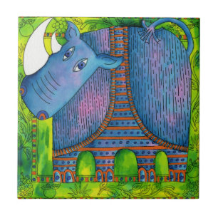 Patterned Rhino Watercolour Illustration Tile