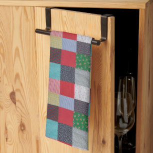 patterned squares of colourful vintage patchwork kitchen towel