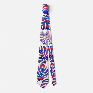 Patterned tropical leaves blue, red and gold tie