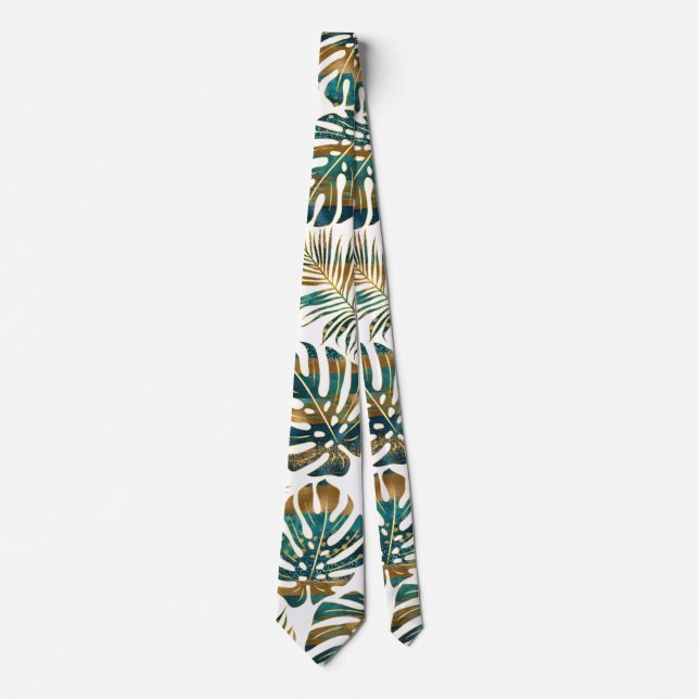 Patterned tropical leaves teal and gold tie (Front)