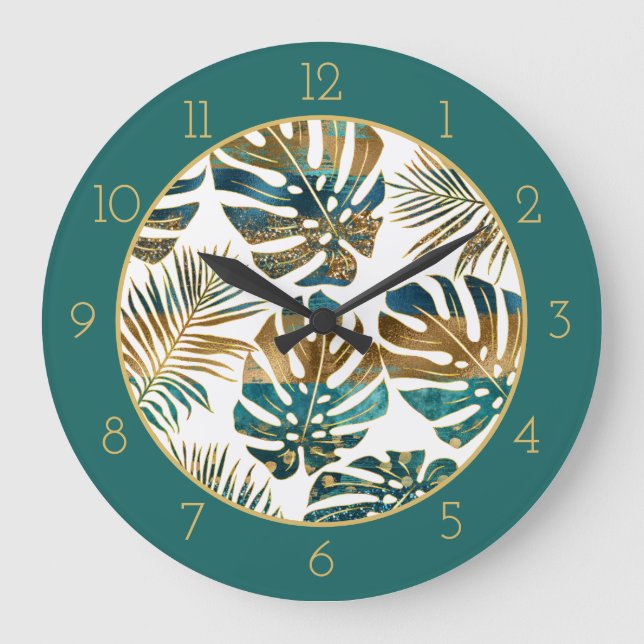 Patterned tropical leaves teal, gold brush strokes large clock (Front)