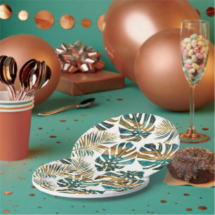 Patterned tropical leaves teal, gold brush strokes paper plate
