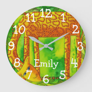 Patterned Watercolour Giraffe Personalised Name Large Clock