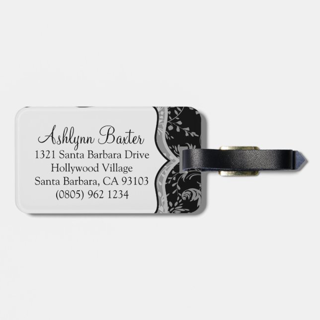 Patterned wildflower damask black name luggage tag (Back Horizontal)