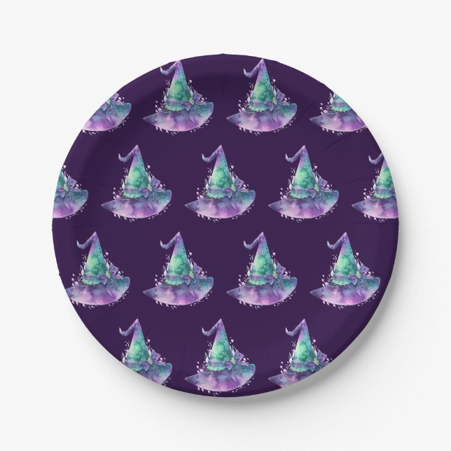 Patterned Witches Hat  Purple Halloween Party  Paper Plate (Front)