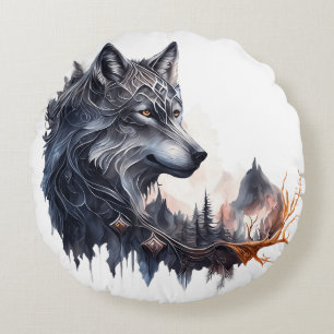 Patterned Wolf Round Pillow