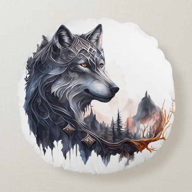 Patterned Wolf  Round Pillow (Front)