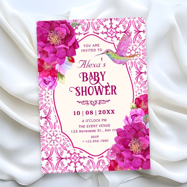 patternPink artistic tile floral baby shower Invitation (Creator Uploaded)